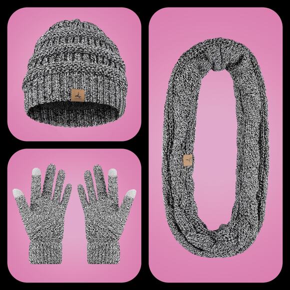 Ladies Black & White Warm Fleece Knit Winter Hat, Scarf & Touch Screen Glove Set - Picture 2 of 10